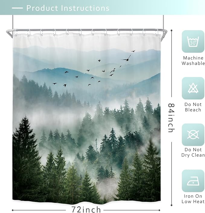 Riyidecor Green Mountain Shower Curtain 72Wx84H Inch Extra Long Nature Scenery - Image 5
