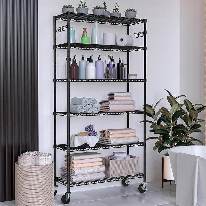 6 Tier Storage Shelves with Wheels Heavy Duty Wire Rolling Shelving Rack - Image 6