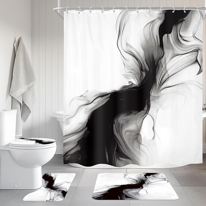 Cinbloo 4Pcs Black White Shower Curtain Set, Abstract Modern Ombre Grey by Cinbloo