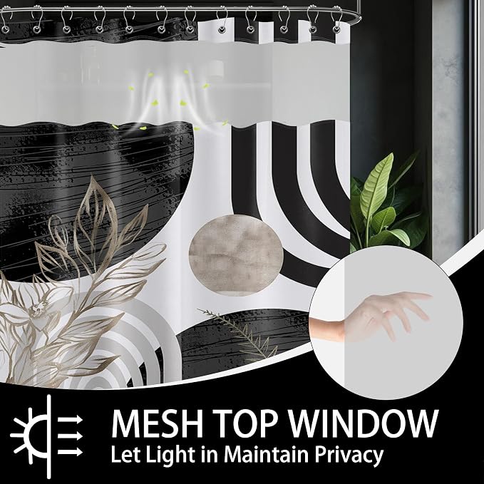 Black and White Boho See Through Mesh Top Shower Curtain - Image 3