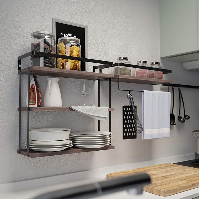 RICHER HOUSE 3+1 Tier Wall Mounted Floating Shelves Set of 2, Rustic Wood Wall - Image 6