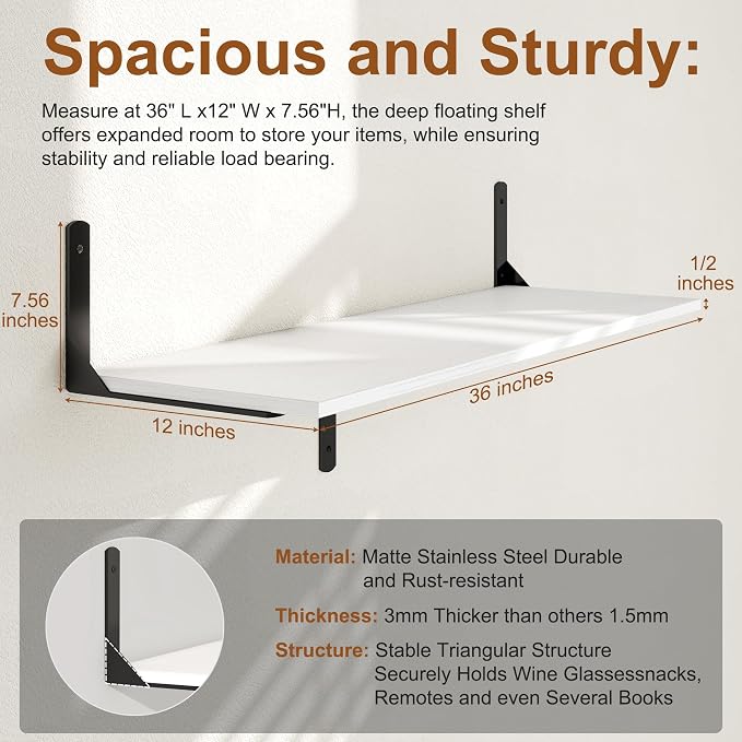 36 Inch White Floating Shelves Wall Mounted, 12 Inch Deep Wall Shelves - Image 3