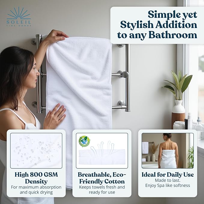 Soleil Fine Goods Luxurious 800 GSM 100% Cotton Bath Towel Set - Image 4