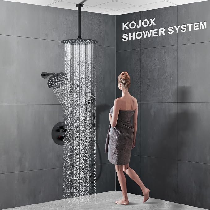 KOJOX Matte Black Thermostatic Shower System, Push Button Diverter Shower - Image 7