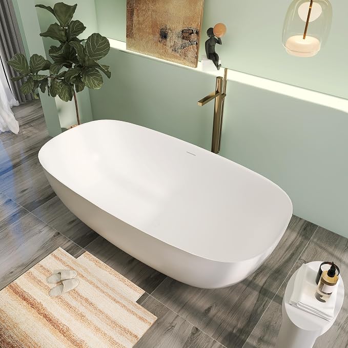 67" Upgraded Modern Solid Surface Free Standing Tub, Unique Matte White Stone - Image 4