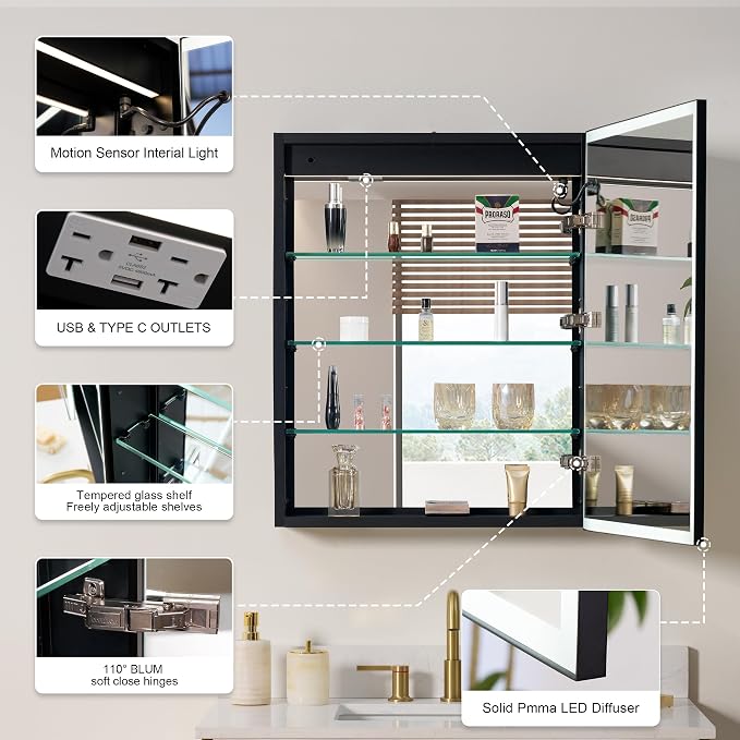 WELLFOR 24" X 30" LED Mirrored Medicine Cabinet, Medicine Cabinets - Image 11