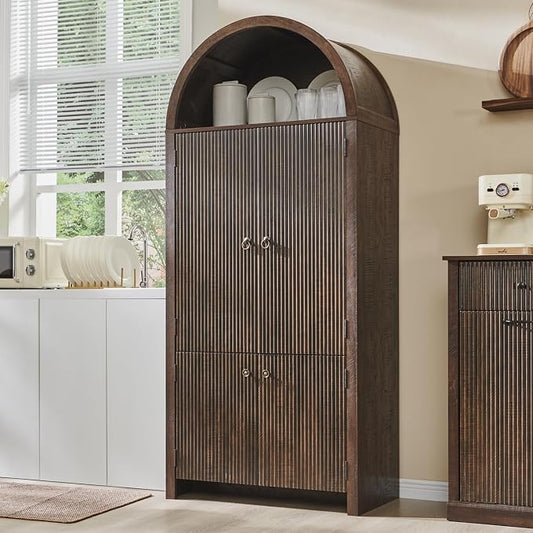 71" Tall Arched Kitchen Pantry, Modern Fluted Wood Storage Cabinet by IFGETEnrichYourLivingSpace