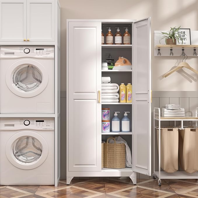 Kitchen Pantry Cabinet, 75”White Metal Storage Cabinets - Image 7