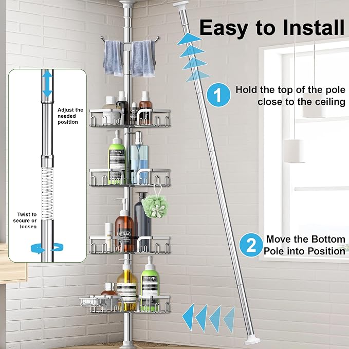 Corner Shower Caddy Tension Pole, 39-113 inch Adjustable Rustproof Floor - Image 7