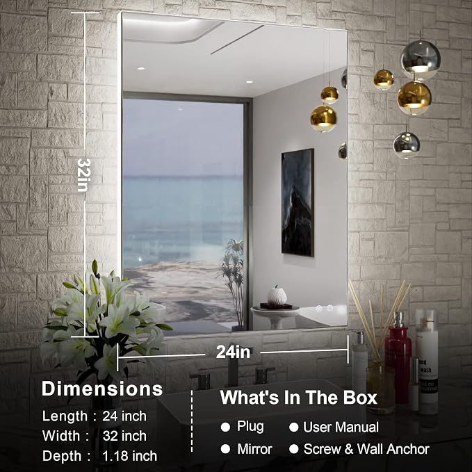TETOTE 24 x 32 Inch LED Backlit Bathroom Vanity Mirror, Touch Button, Water - Image 6