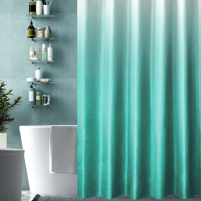 Gibelle Teal Shower Curtain for Bathroom, Waffle Weave Ombre Textured Fabric - Image 6