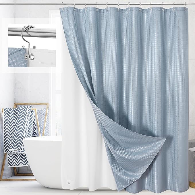 3 in 1 Shower Curtain Set, Fog Blue Waffle Shower Curtain and PEVA Liner Set by Unknown