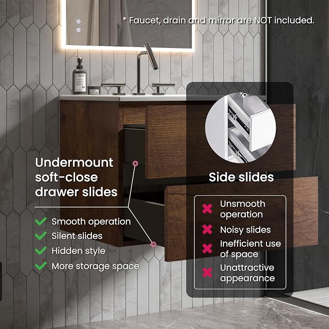 24" Bathroom Vanity with Sink, Modern Floating Vanity with Double Soft Closing - Image 6
