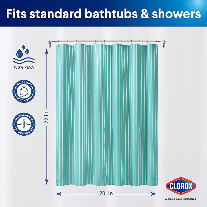 CLOROX Shower Curtain Liner, Premium Striped Medium-Weight Durable Waterproof - Image 2