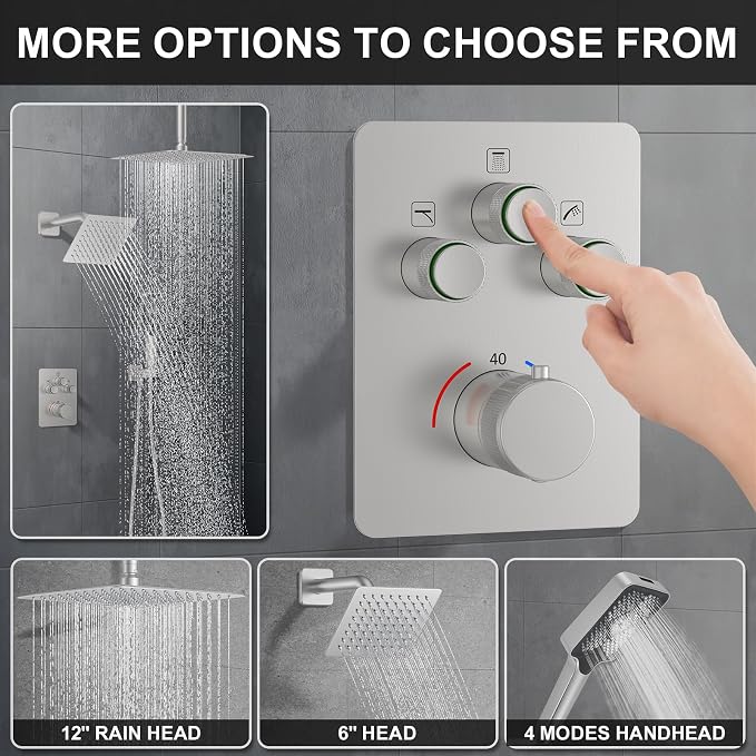 KOJOX Brushed Nickel Thermostatic Shower System, Push Button Diverter Shower - Image 3