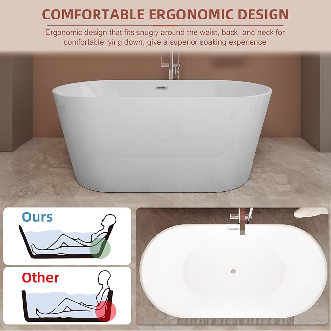 55 inch Freestanding Bathtub, Modern Soaking Stand Alone Bathtubs, Free - Image 2