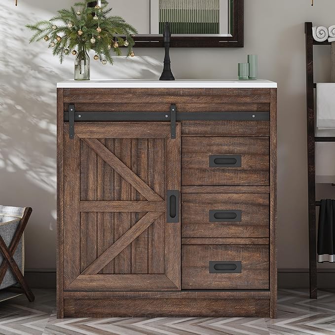 31" Farmhouse Sliding Barn Door Bathroom Vanity by LUXOAKAddMoreStyletoHome