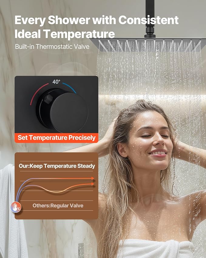 VEVOR Shower Faucet Set, 12 Inch Thermostatic Ceiling Mount Rainfall Shower - Image 3