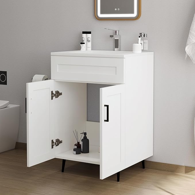 24" Bathroom Vanity with Sink, Freestanding Wooden Bathroom Vanity with 2 Doors - Image 5