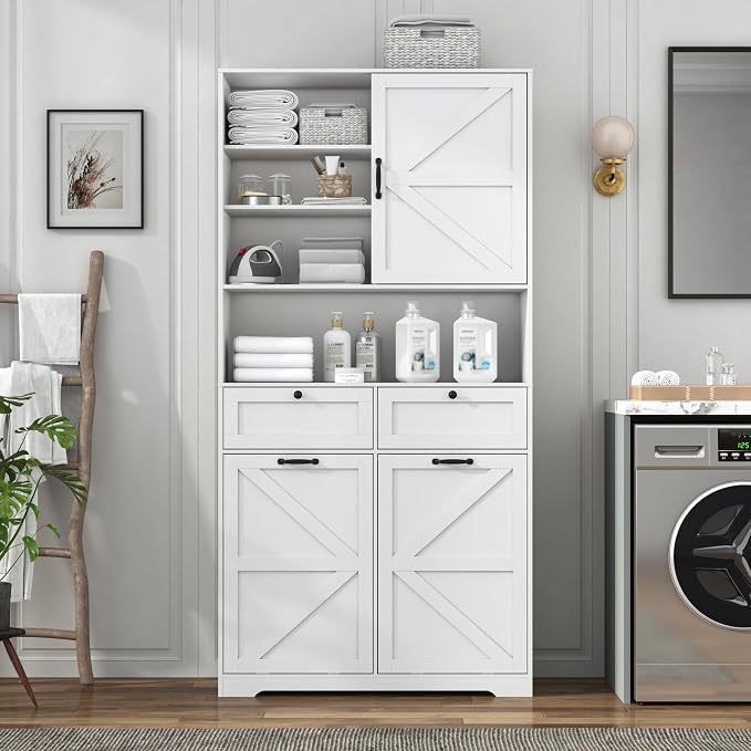 78" Tall Tilt-Out Double Doors Laundry Cabinet Hamper w Hidden Laundry Hamper - Image 3