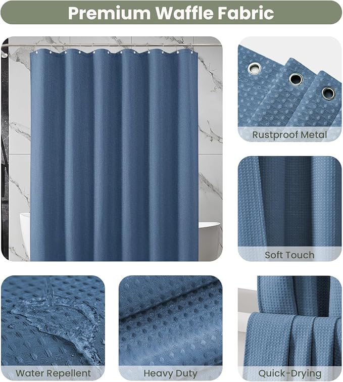Inhousolu Fabric Shower Curtain Waffle Weave, Moonlight Blue 230 GSM Heavy Duty - Image 3