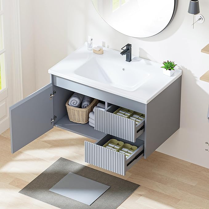 Floating Bathroom Vanity with Sink, 32 Inch Wall Mounted Bathroom Vanity with 2 - Image 4