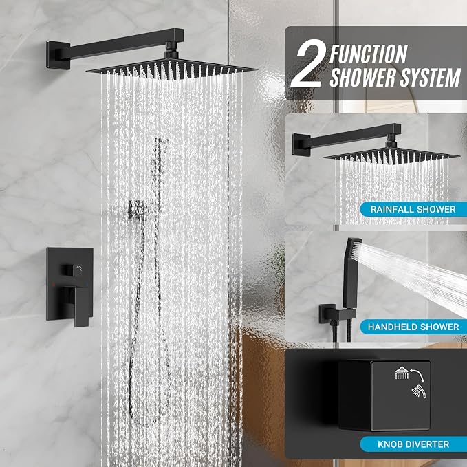 Shower Faucet set with Shower head, Wall Mount 10 Inch Square Rainfall Shower - Image 2
