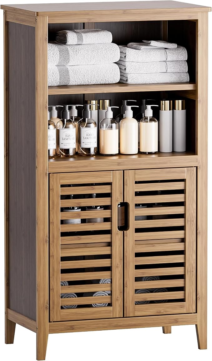 HITNET Walnut Bathroom Floor Cabinet, Bamboo Side Tall Storage Organizer by HITNET