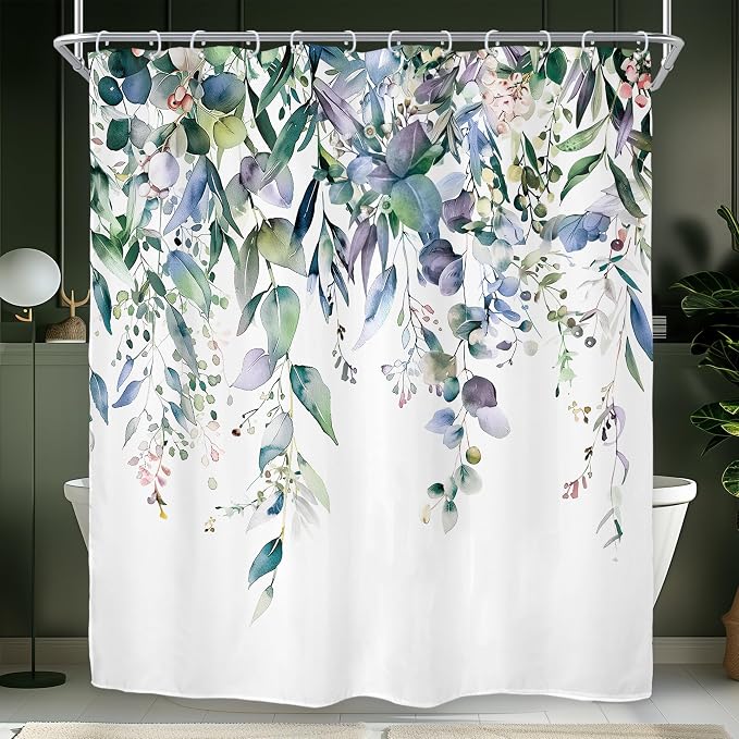 Riyidecor Teal Shower Curtain for Bathroom Decor 72Wx72H Eucalyptus Leaves - Image 2