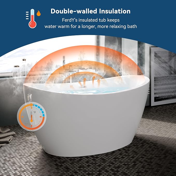 FerdY Naha 59" Acrylic Freestanding Bathtub, Curve Edge Freestanding Soaking - Image 3