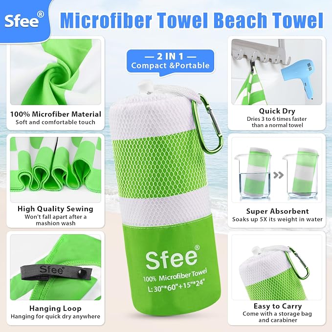 Sfee 2 in 1 Microfiber Beach Towel, Quick Dry Towel Camping Towel Travel Towel - Image 2