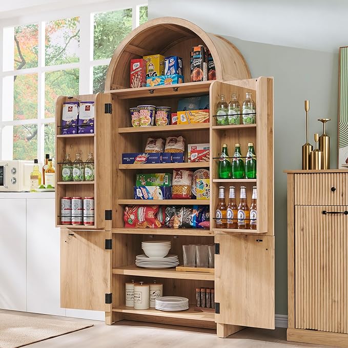 71" Tall Arched Kitchen Pantry, Modern Fluted Wood Storage Cabinet - Image 3