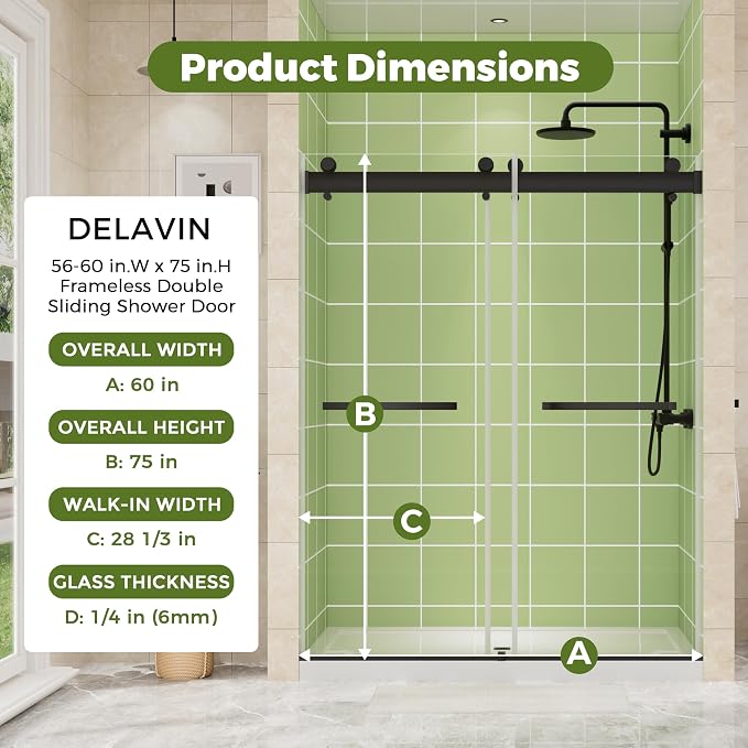 DELAVIN 56-60" W x 75" H Double Sliding Frameless Shower Door, Glass Shower Door - Image 8