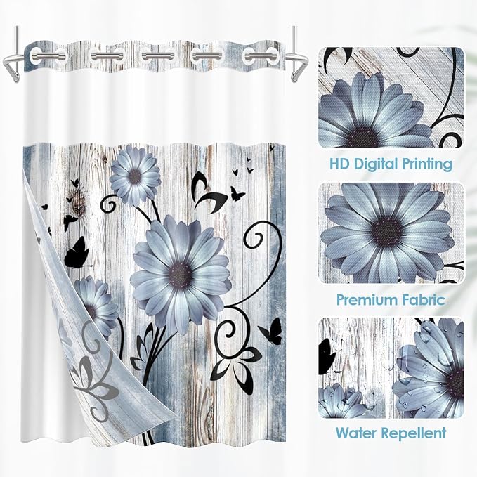 No Hook Blue Flower Shower Curtain - Image 2
