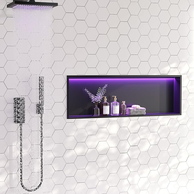 RGB LED Light Shower Niche, Matte Black 36X12 in Stainless Steel Wall Niche - Image 8
