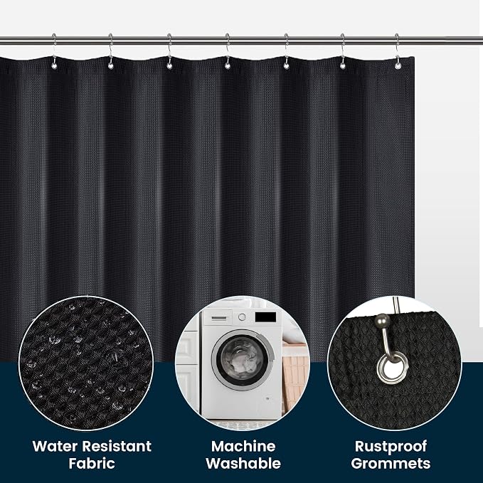 LiBa Waffle Weave Fabric Black Shower Curtain, 72 W x 72 H Water Repellent & - Image 2