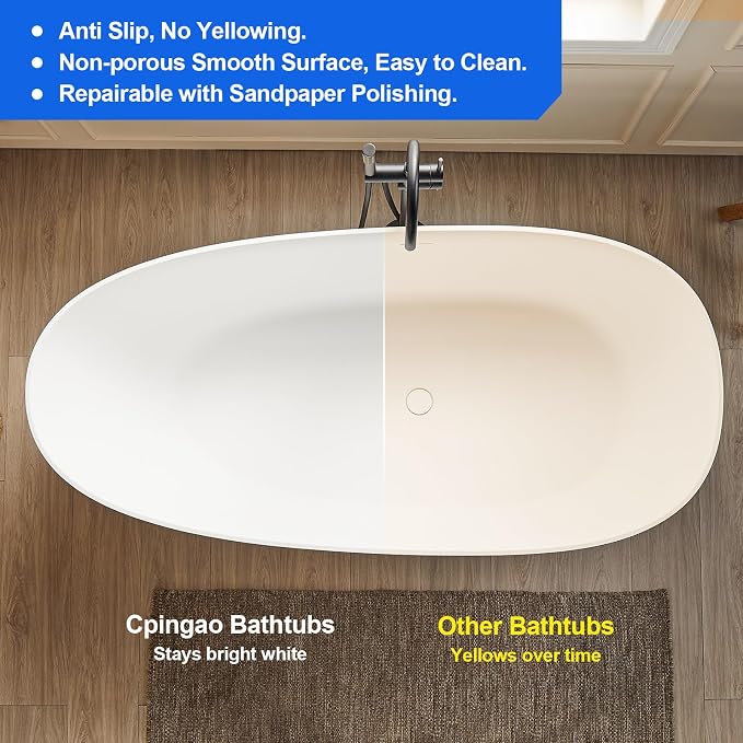 Cpingao 67" Stone Resin Freestanding Bathtub, Egg Shell Solid Surface Soaking - Image 3