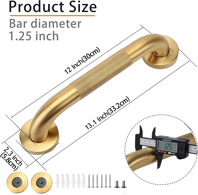 Shower Grab Bar, 2 Pack 12 Inch Gold Bathroom Grab Bar, 1.25" Diameter 304 - Image 2