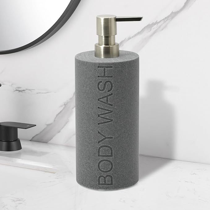 Resin Neutral Gray Sandstone Body Wash Engraved Bottle Refillable Pump Dispenser - Image 5