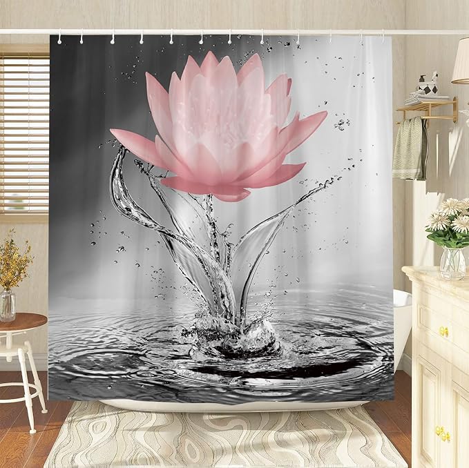 Lotus Shower Curtain Black White Grey Red Flower Elegant Blooming Floral - Image 3