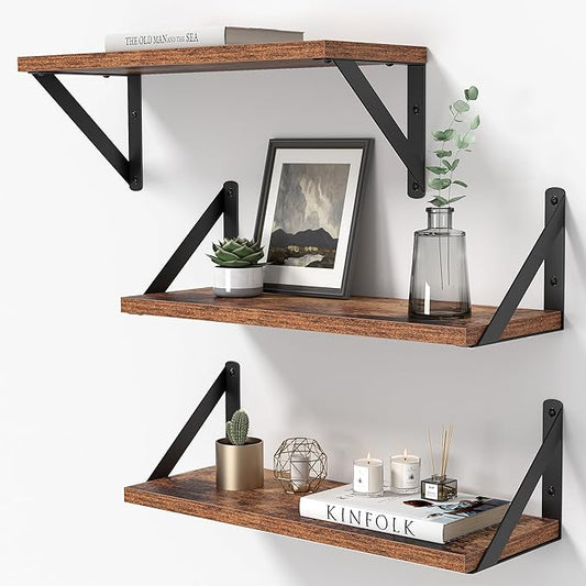 Heimlove Floating Shelves for Wall, 16 Inch Long Wood Floating Shelves Set of 3 by Heimlove