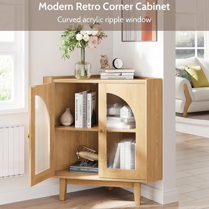 Floor Corner Cabinet with Doors and Shelves, Fluted Storage Cabinet - Image 3