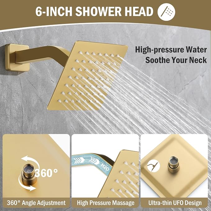 12 Inch Rain Shower System, Brushed Gold Shower Faucet Set - Image 4