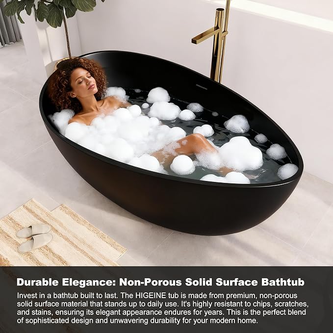 63" Premium Solid Surface Freestanding Bathtub, Contemporary Design Stand Alone - Image 6