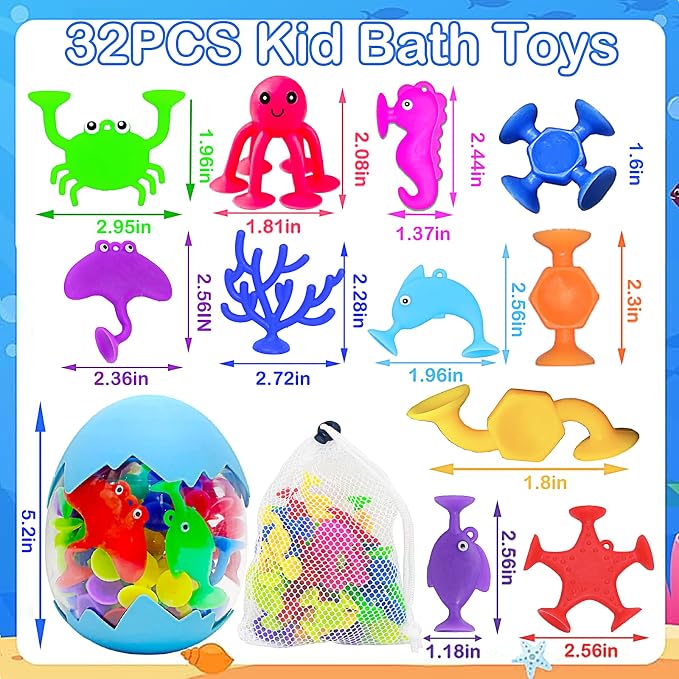 32PCS Suction Cup Bath Toys for Kids Ages 1-3 Ocean Animal Suction Bath Toys - Image 6