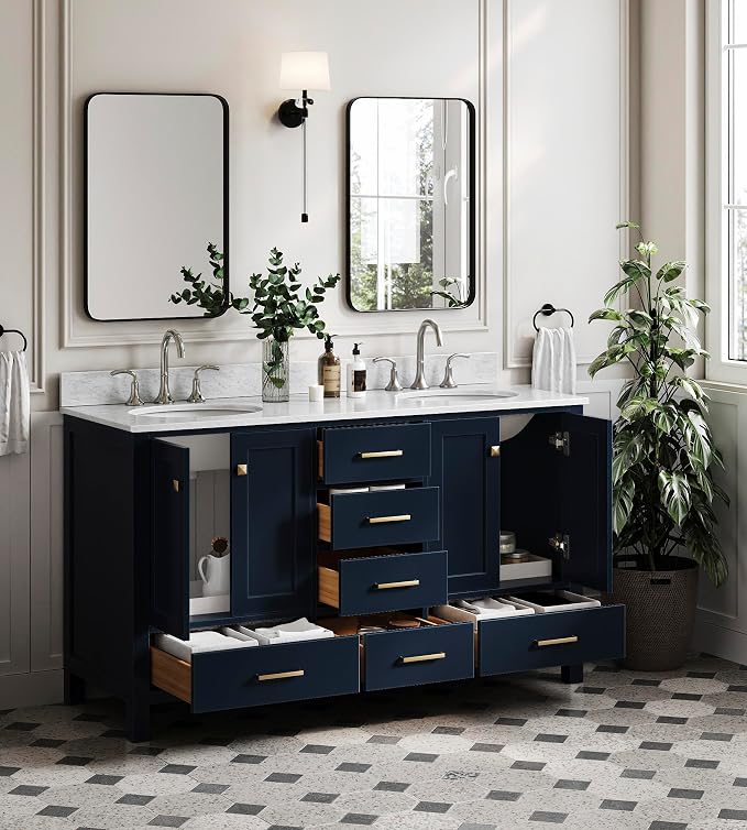 ARIEL Cambridge 61 Inch Midnight Blue Bathroom Vanity Double Sink, Solid Wood - Image 3
