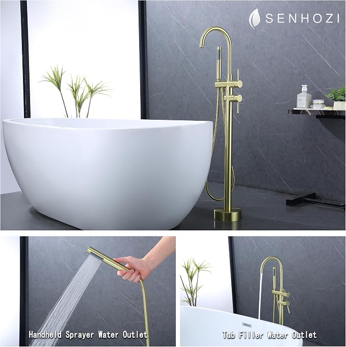 Freestanding Tub Faucet Floor Mount Tub Fillers, Senhozi Brushed Gold Free - Image 3