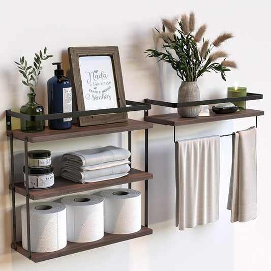 RICHER HOUSE 3+1 Tier Wall Mounted Floating Shelves Set of 2, Rustic Wood Wall by RicherHouse