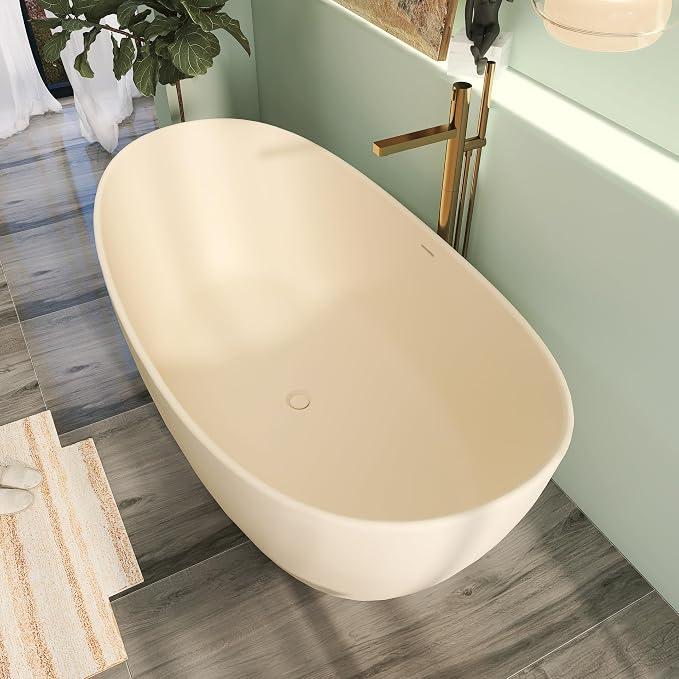 65" Premium Solid Surface Freestanding Bathtub, Modern Cream Design Stone Resin - Image 3