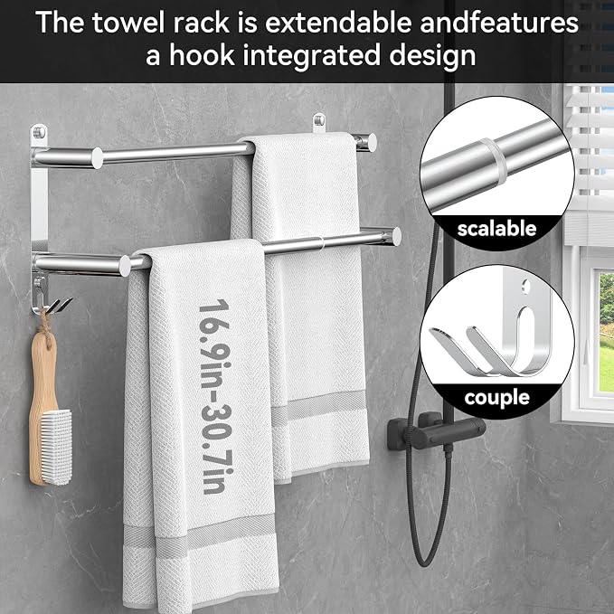 Adjustable Towel Bar for Bathroom Wall Mount17-30.7inch Adhesive Shower Towel - Image 3